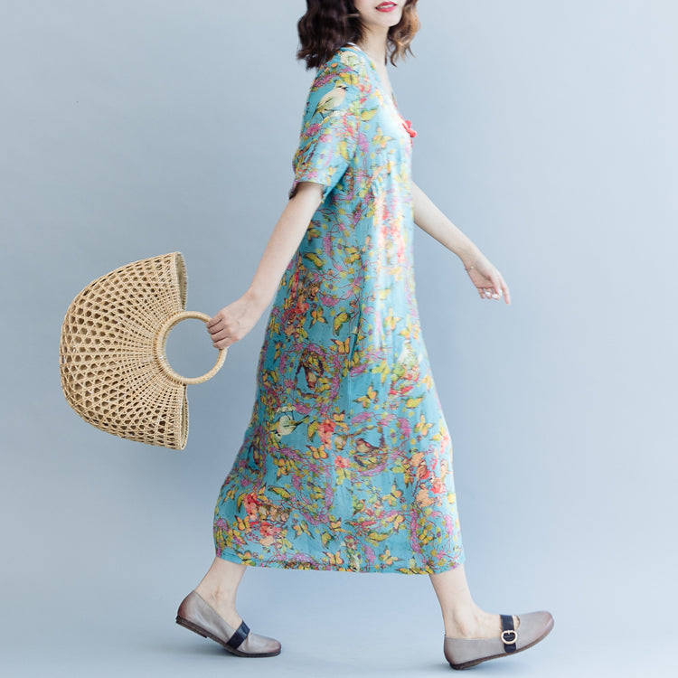 Blue Print Linen Dresses Clothing V Neck a Line Skirts Caftans Short Sleeve Dresses