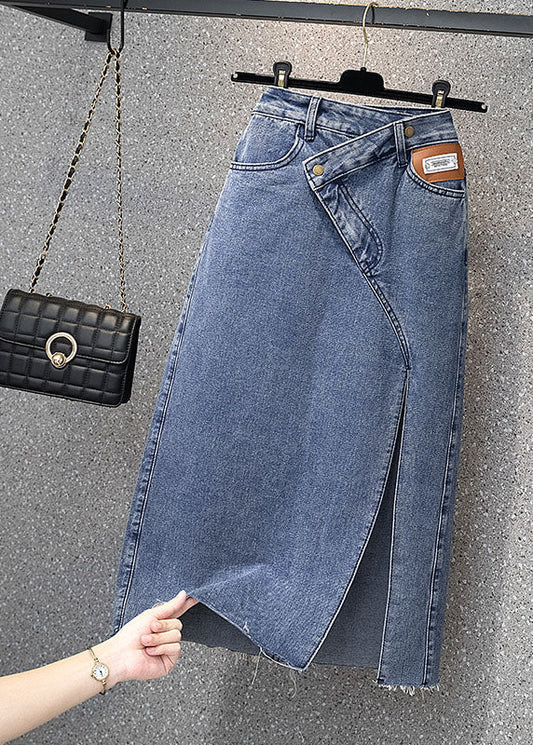 Style Denim Light Blue High Waist Side Open Button Asymmetrical Pockets Cotton a Line Skirts Summer