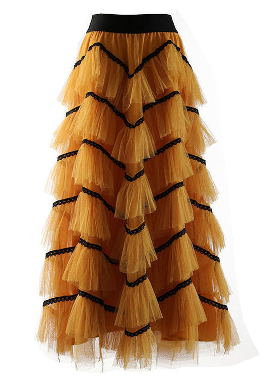 Yellow Ruffles Patchwork Tulle a Line Skirts Spring