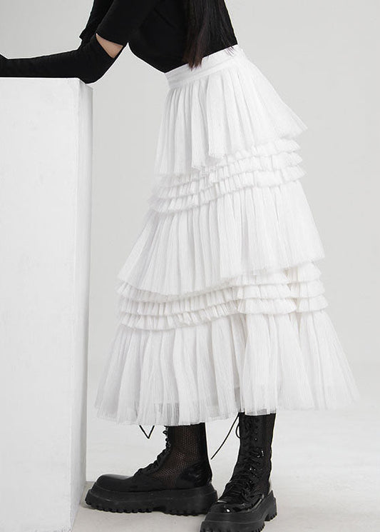 Fine White Asymmetrical Wrinkled Tulle Skirts Spring