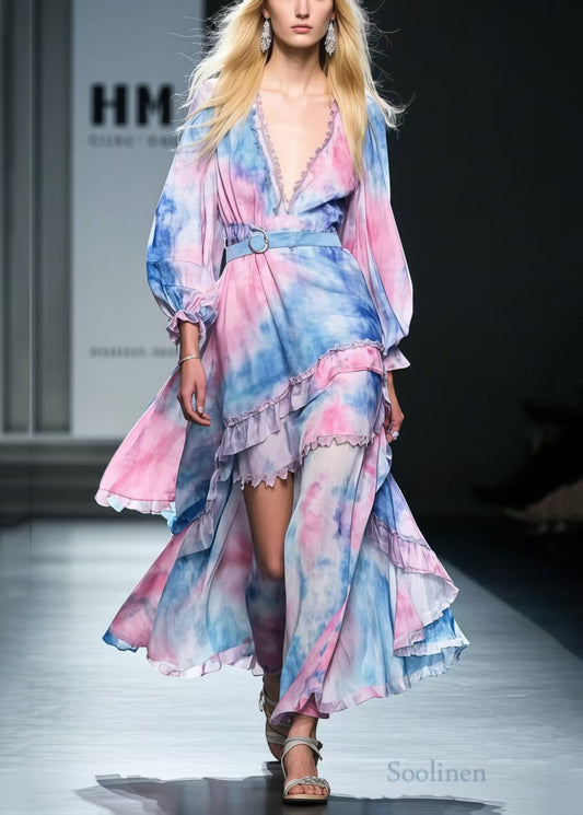 Rainbow Asymmetrical Tie Dye Chiffon Tunic Dress Spring