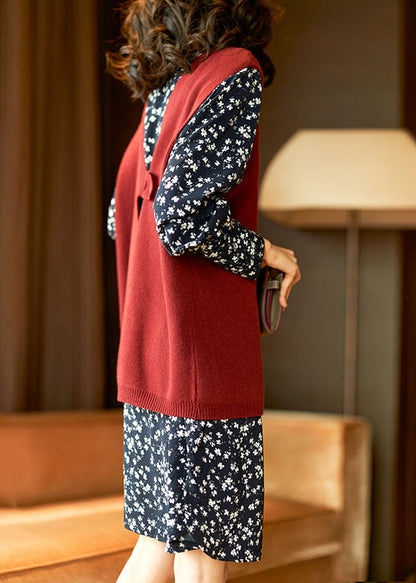Red Knit Vest Shirts Dresses Chiffon Sets 2 Pieces Fall