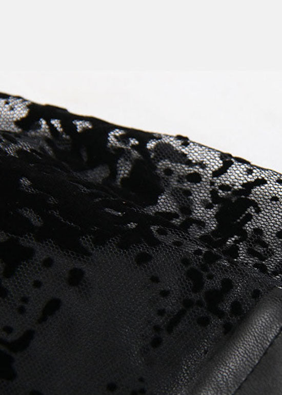 Black Elastic Waist Lace Patchwork Faux Leather Skirt Spring