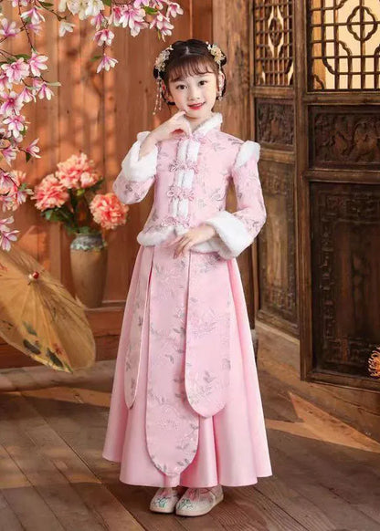 Boutique Pink Stand Collar Print Button Thick Coats and Skirts Two Pieces Set Winter