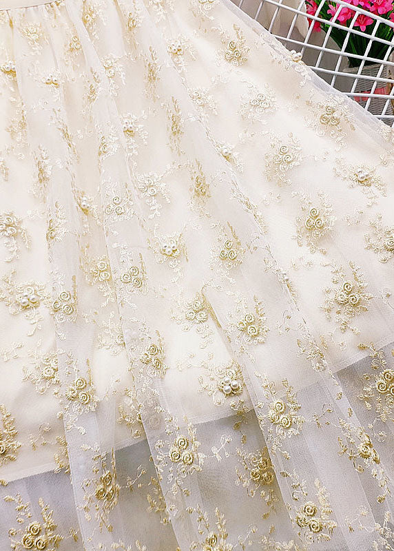Apricot Elastic Waist Embroideried Nail Bead Tulle Skirts Summer