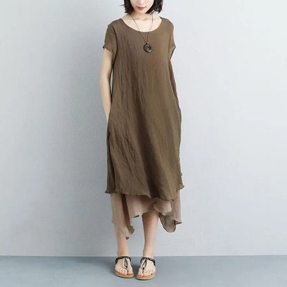 Fine Long Cotton Dresses False Two-piece Short Sleeve Coffee Plain Dress