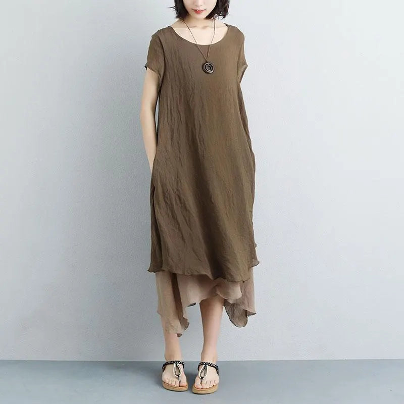 Fine Long Cotton Dresses False Two-piece Short Sleeve Coffee Plain Dress