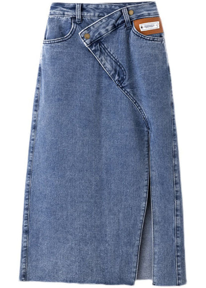 Style Denim Light Blue High Waist Side Open Button Asymmetrical Pockets Cotton a Line Skirts Cozy
