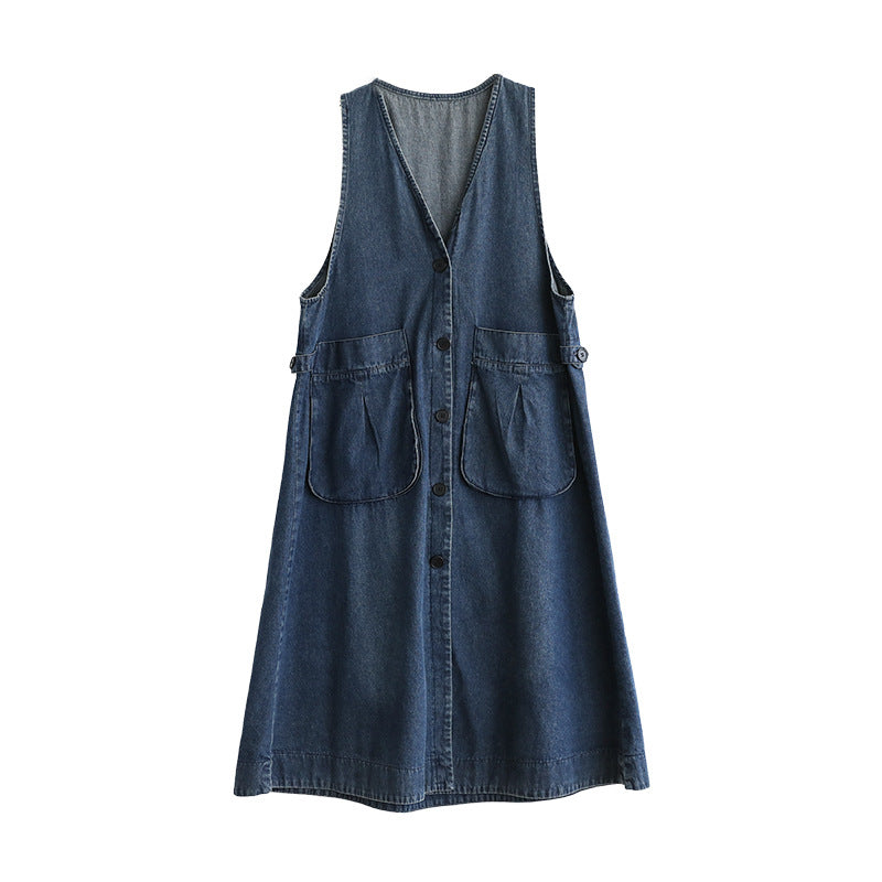 Mid Length Sleeveless Large Pocket V-neck Dress