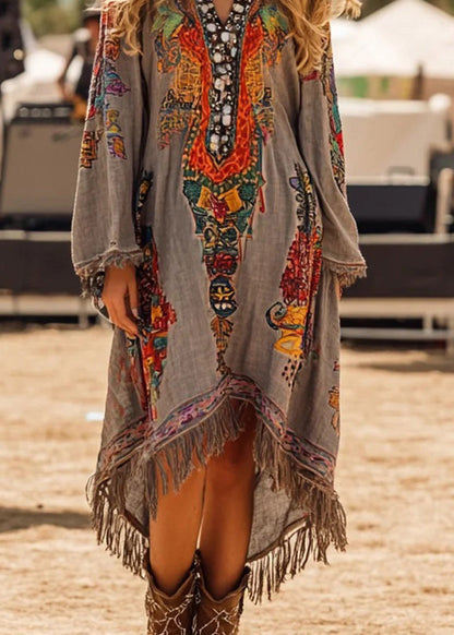 Grey V Neck Tassel Print Dress Spring