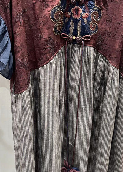 Original V-neck Embroidered Loose Cotton Blend Dress Butterfly Sleeve