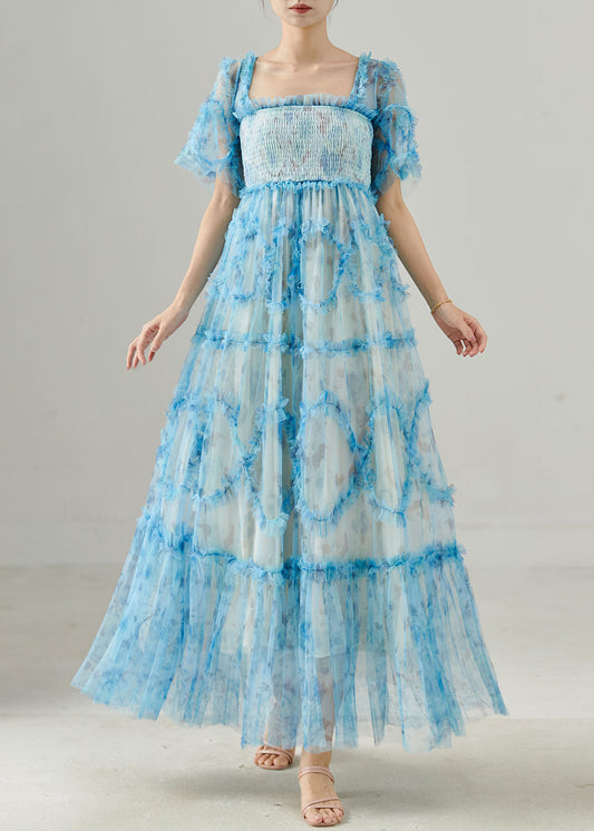 Blue Ruffled Patchwork Tulle Dresses Summer