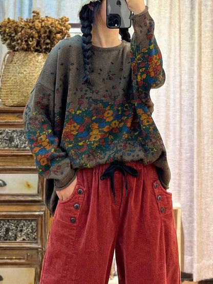 Autumn Artsy Loose Print O-neck Long Sleeve Sweaters