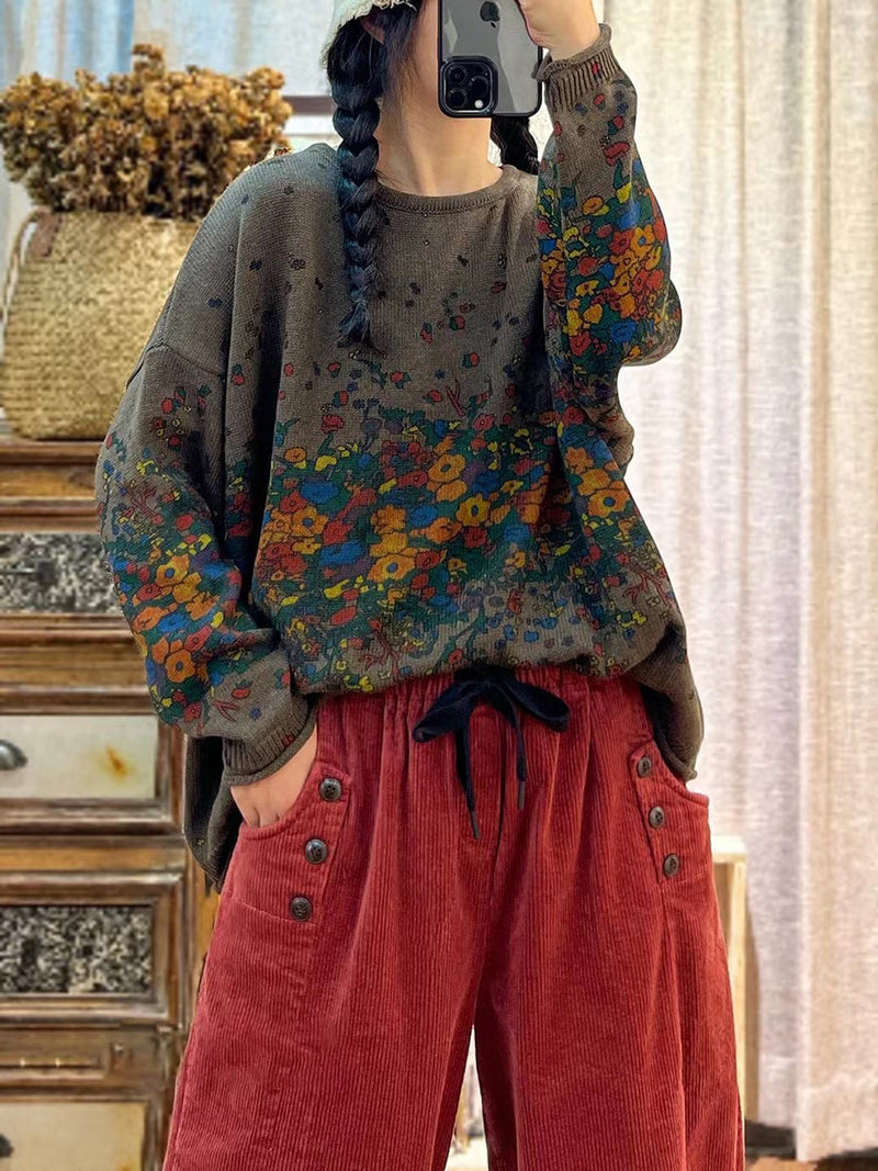 Autumn Artsy Loose Print O-neck Long Sleeve Sweaters