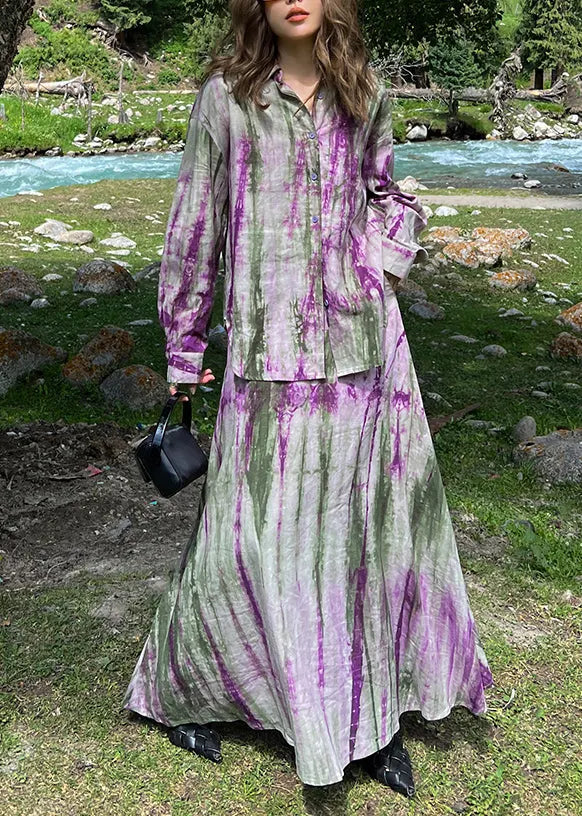 Fitted Purple Peter Pan Collar Tie Dye Shirts and Maxi Skirts Two Piece Set Long Sleeve