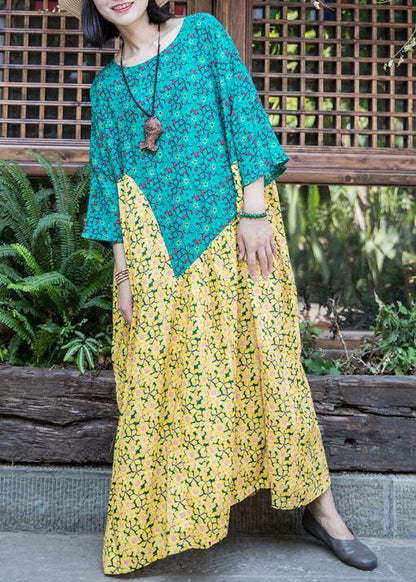 Yellow Blue Print Linen Robes O Neck Patchwork Traveling Summer Dresses