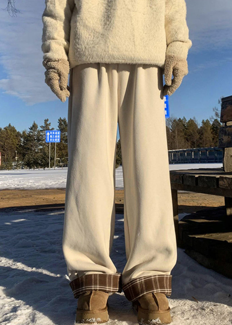 Classy Beige Plaid Elastic Waist Warm Fleece Pants Winter