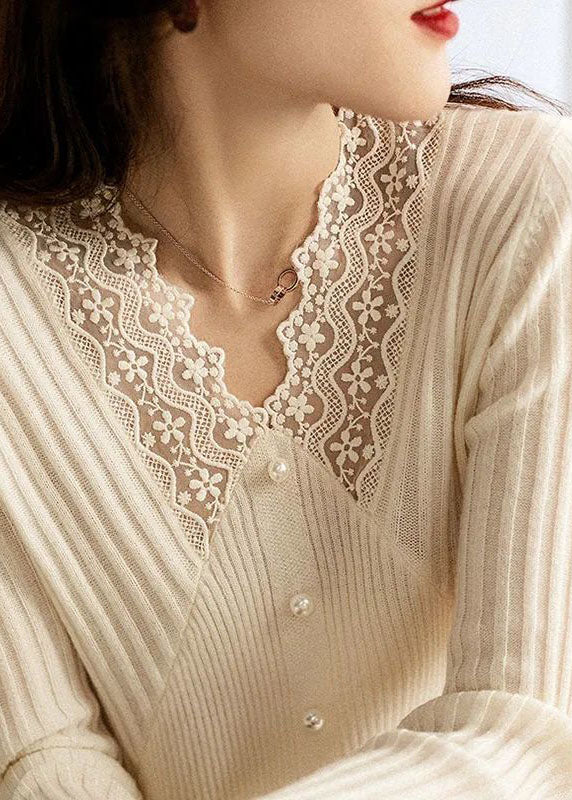 Apricot V Neck Thick Lace Patchwork Nail Bead Knit Sweater Tops Winter