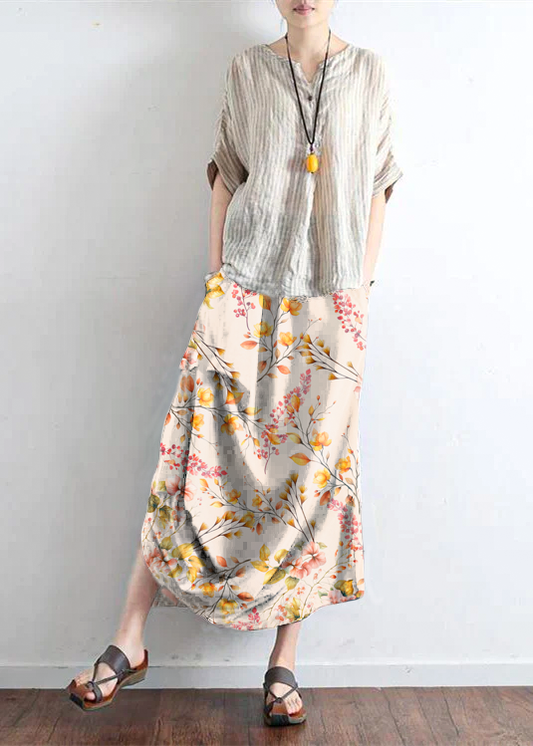 Yellow Flower Oversized Linen Skirts Asymmetrical Design Elastic Waist Long Skirt