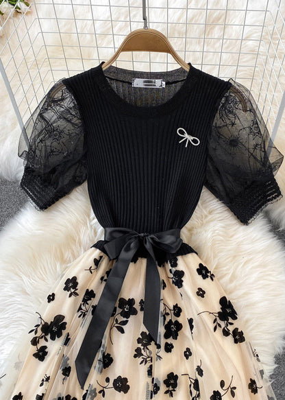 Apricot O-neck Embroidered Bow Tie Waist Knit Patchwork Tulle Maxi Dress Short Sleeve