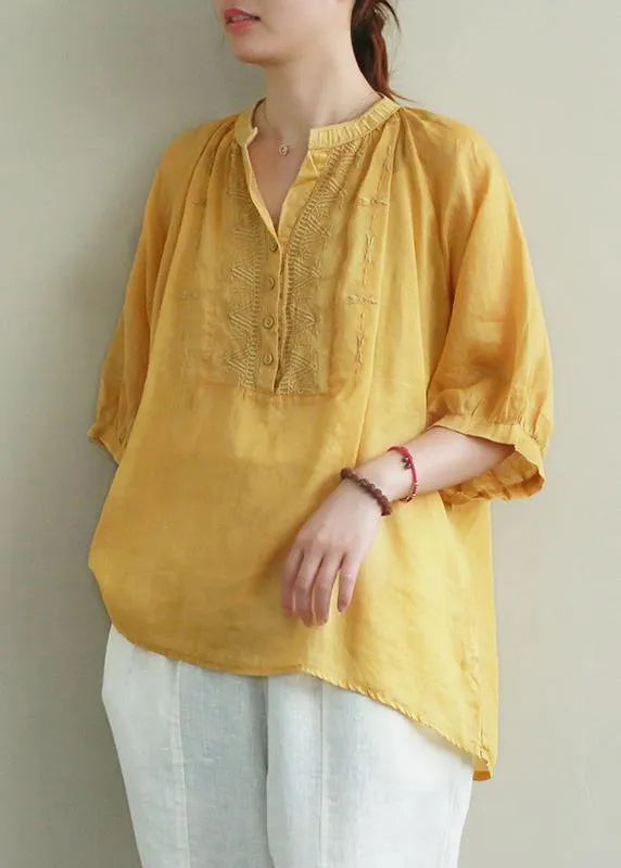 Art Yellow Embroidery Linen Tunic Top V Neck Button Down Silhouette Summer Blouses