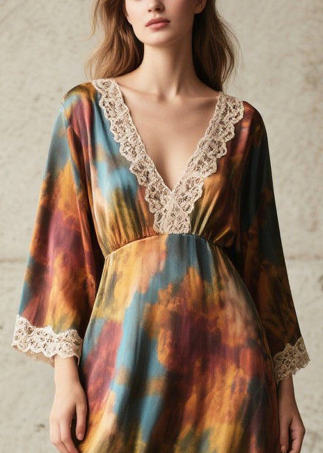 Tie Dye Lace Patchwork Chiffon Robe Dresses Fall