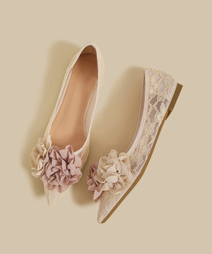 Apricot Lace Flat Feet Shoes Splicing Pointed Toe