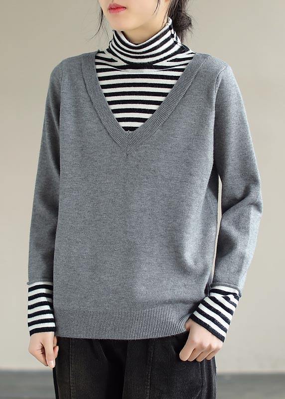 Pullover Light Gray Sweater Tops Patchwork High Neck Knit Sweat Tops