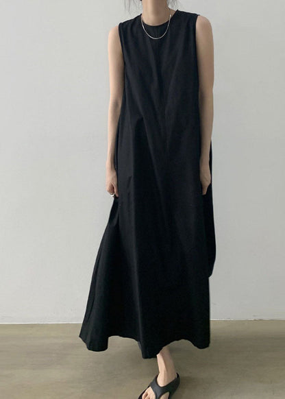 Black O-neck Cotton Robe Dresses Sleeveless