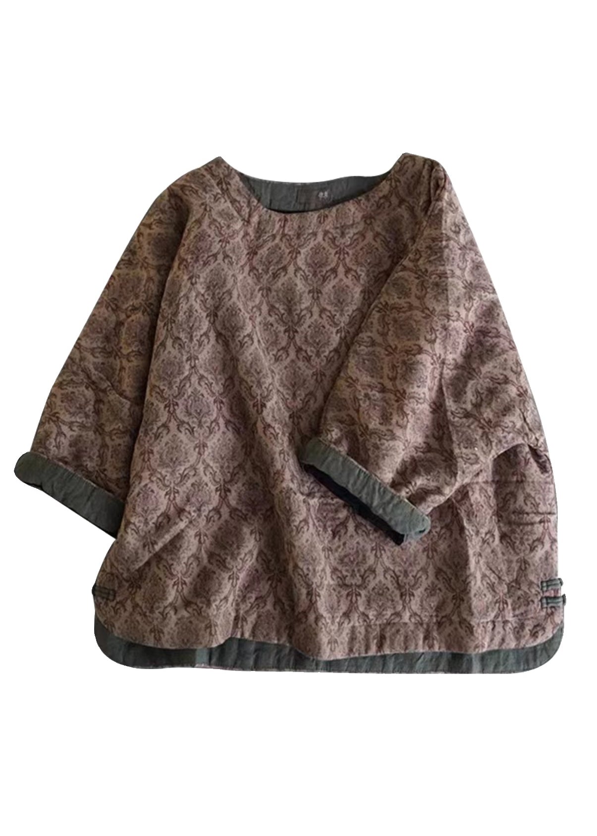 Khaki O Neck Print Chinese Button Fine Cotton Filled Top Winter