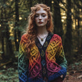 Vintage Rainbow Gradient Celtic Knot Chunky V-neck Aran Sweater artswardrobe