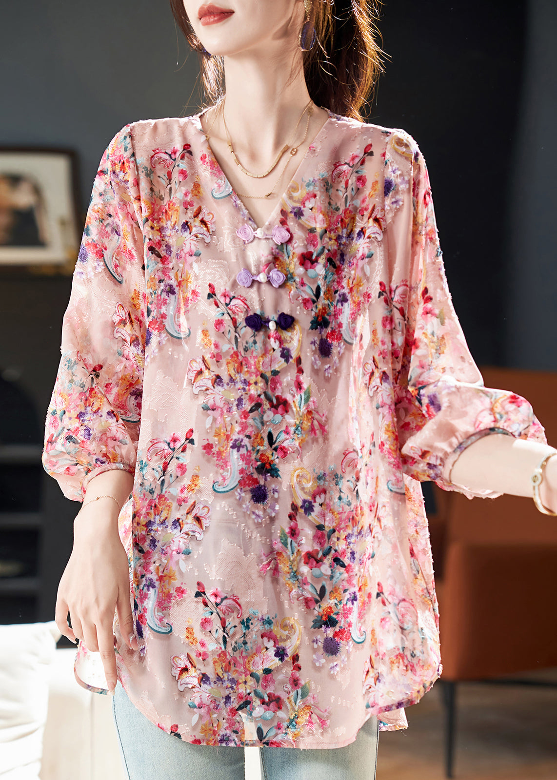 Pink V Neckprint Chiffon Shirt Bracelet Sleeve