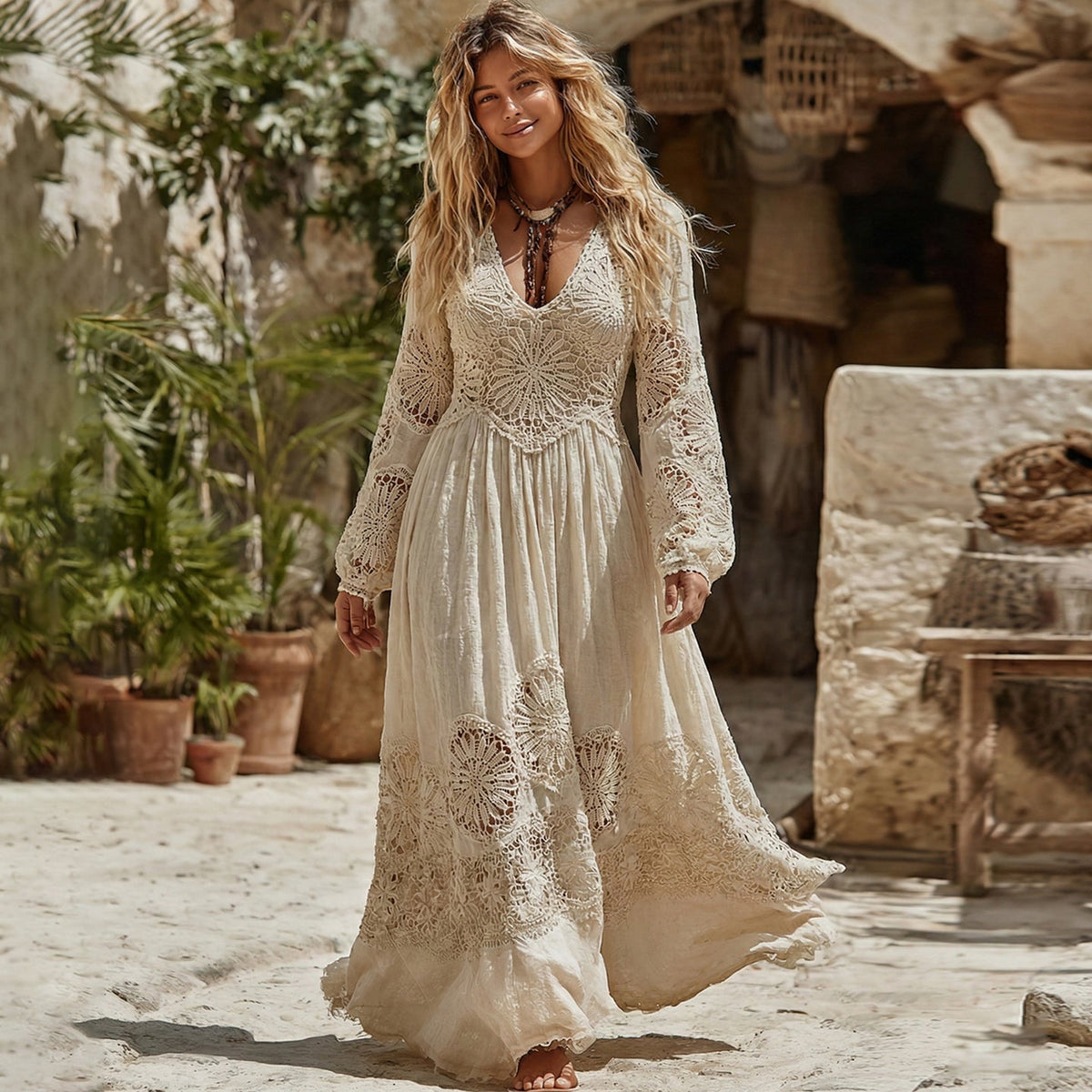 Women's Vintage Lace Floral Pattern V-neck Long Sleeve Midi Dress elevenforest