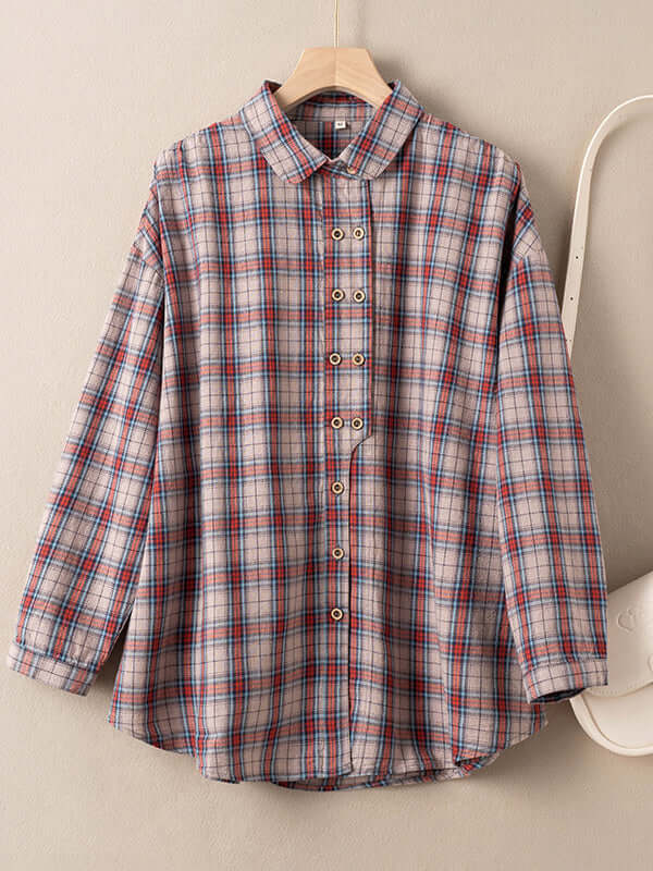 Natural Fabric Plaid Front Artsy Style Blouse