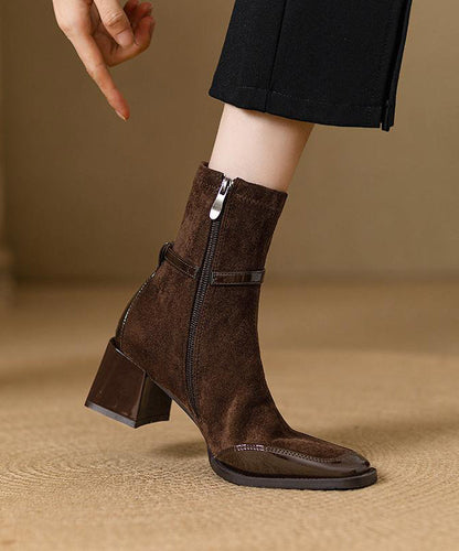 Brown Zippered Chunky Suede Splicing Boots