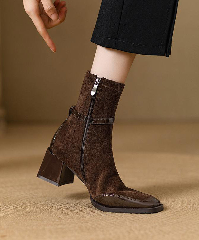 Brown Zippered Chunky Suede Splicing Boots
