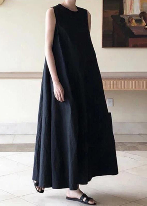 Handmade Black Linen Dresses O Neck Sleeveless Cotton Robes Summer Dresses