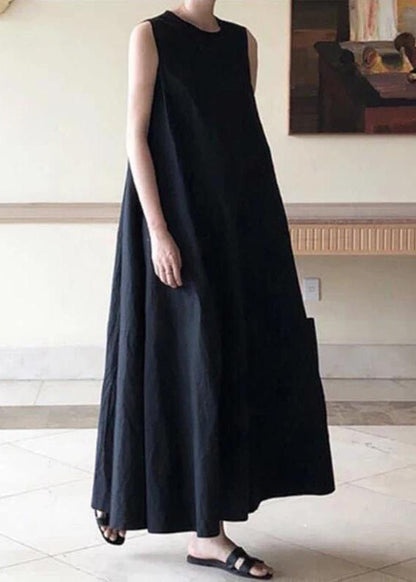 Handmade Black Linen Dresses O Neck Sleeveless Cotton Robes Summer Dresses