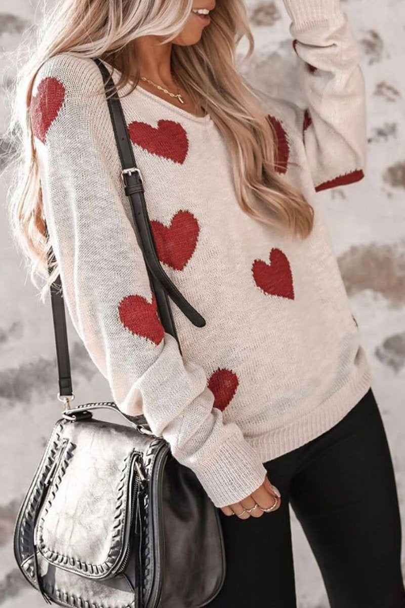Heart Print V-neck Knitted Sweater
