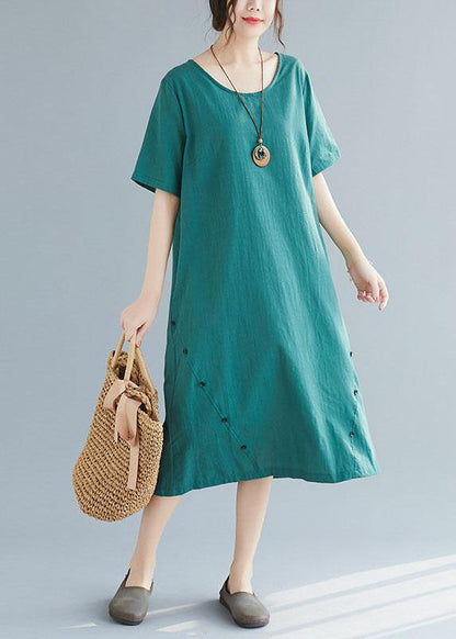 Green Button Decorated Linen Dresses Wild Summer Dresses