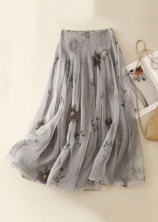 Classy Grey Print High Waist Tulle a Line Skirt Summer