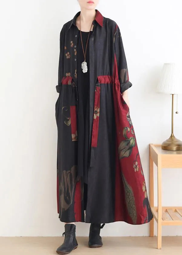 Loose Lapel Drawstring Tunic Pattern Catwalk Red Print Traveling Dresses