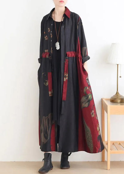 Loose Lapel Drawstring Tunic Pattern Catwalk Red Print Traveling Dresses