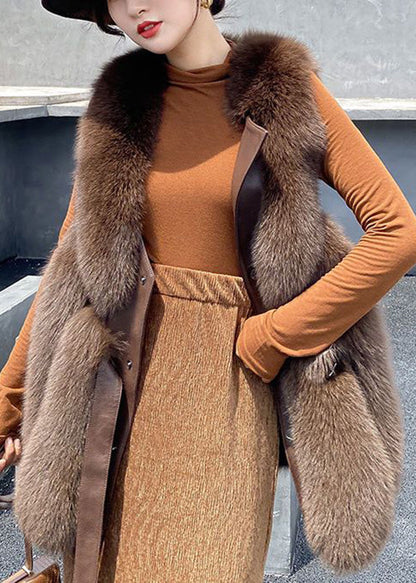Beige Faux Fur Fox Collar Sashes Warm Leather and Fur Waistcoat Winter