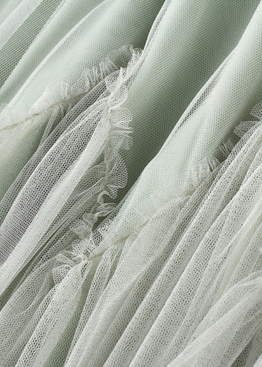 Green Asymmetrical Elastic Waist Tulle Pleated Skirt Summer