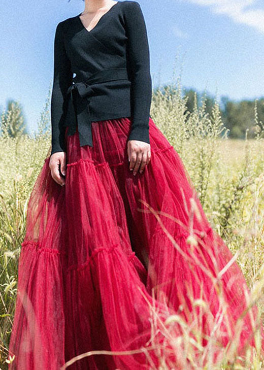 Classy Red Cinched Tulle Pleated Skirt Spring