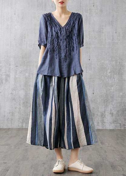 White Flowers Retro Striped a Line Summer Skirts Linen