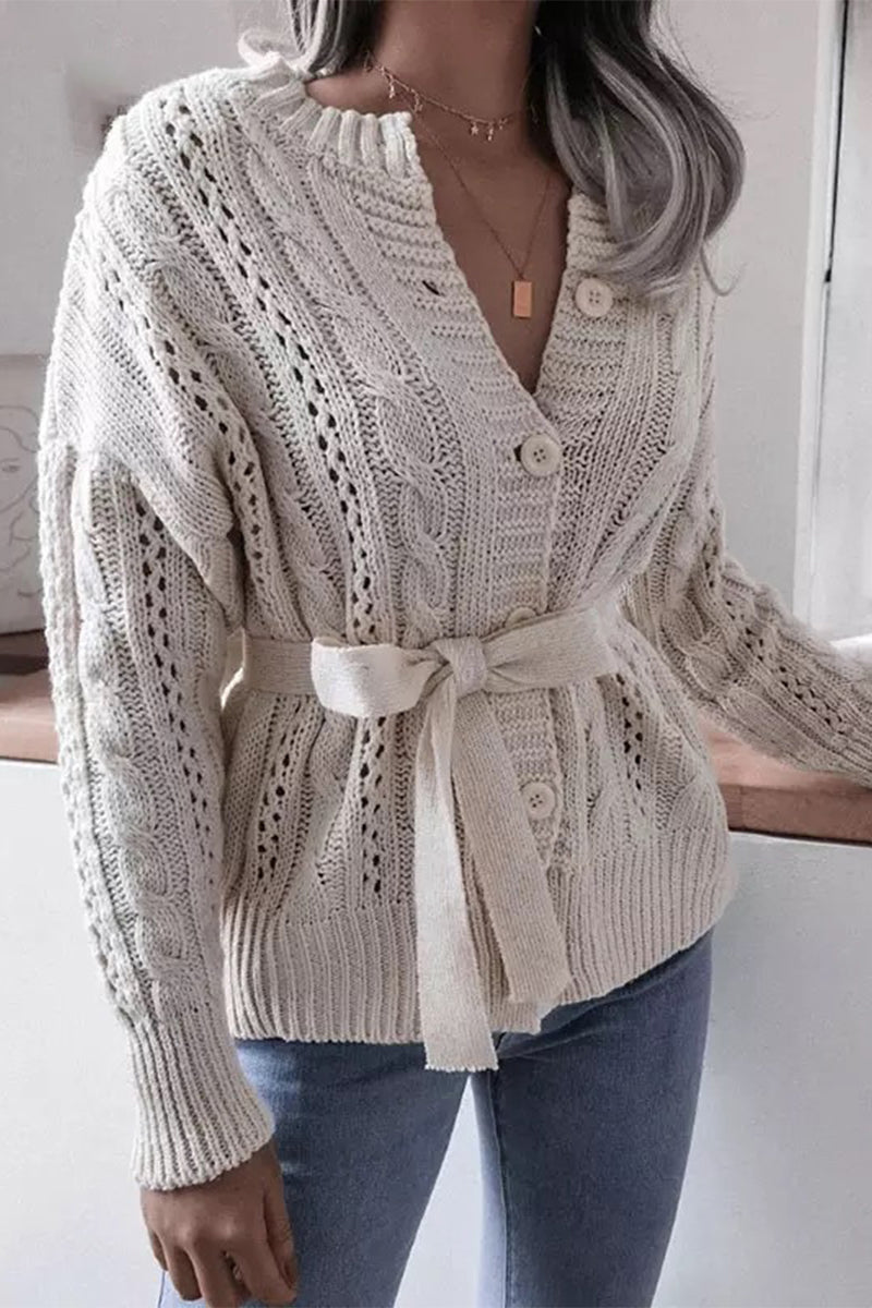 Hollowed Out Buckle With Belt Cardigan Collar Tops