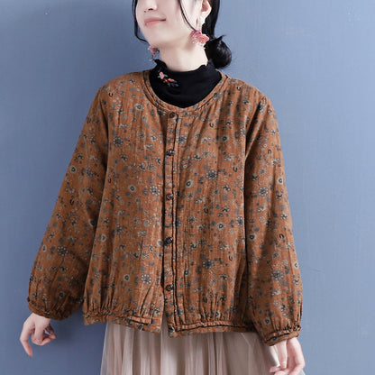 Cotton Linen Winter Retro Printed Coat