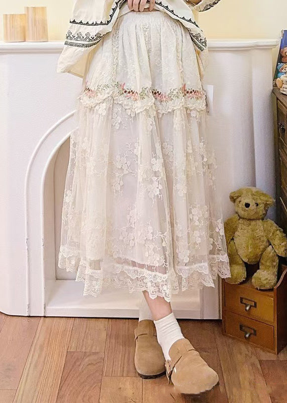 Beige Embroidered Elastic Waist Patchwork Tulle Skirt Spring